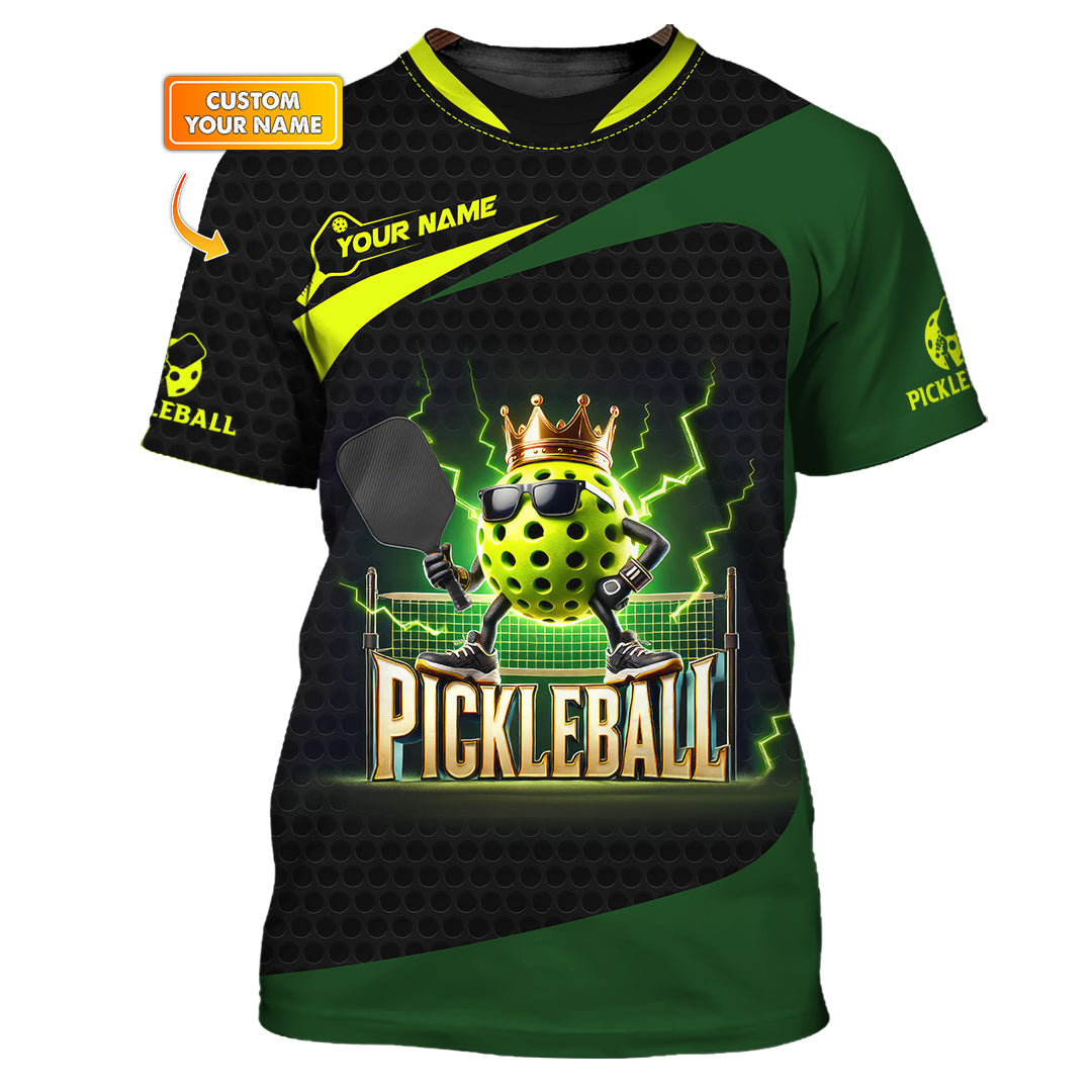 Custom Pickleball Shirt – Black Green Electric King Ball Design – Personalized Tee for Players & Champs