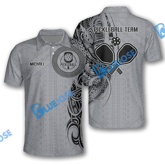 BlueJose Personalized Name, Team Name Strike Grey Tribal Tattoo Pickleball 3D Shirt