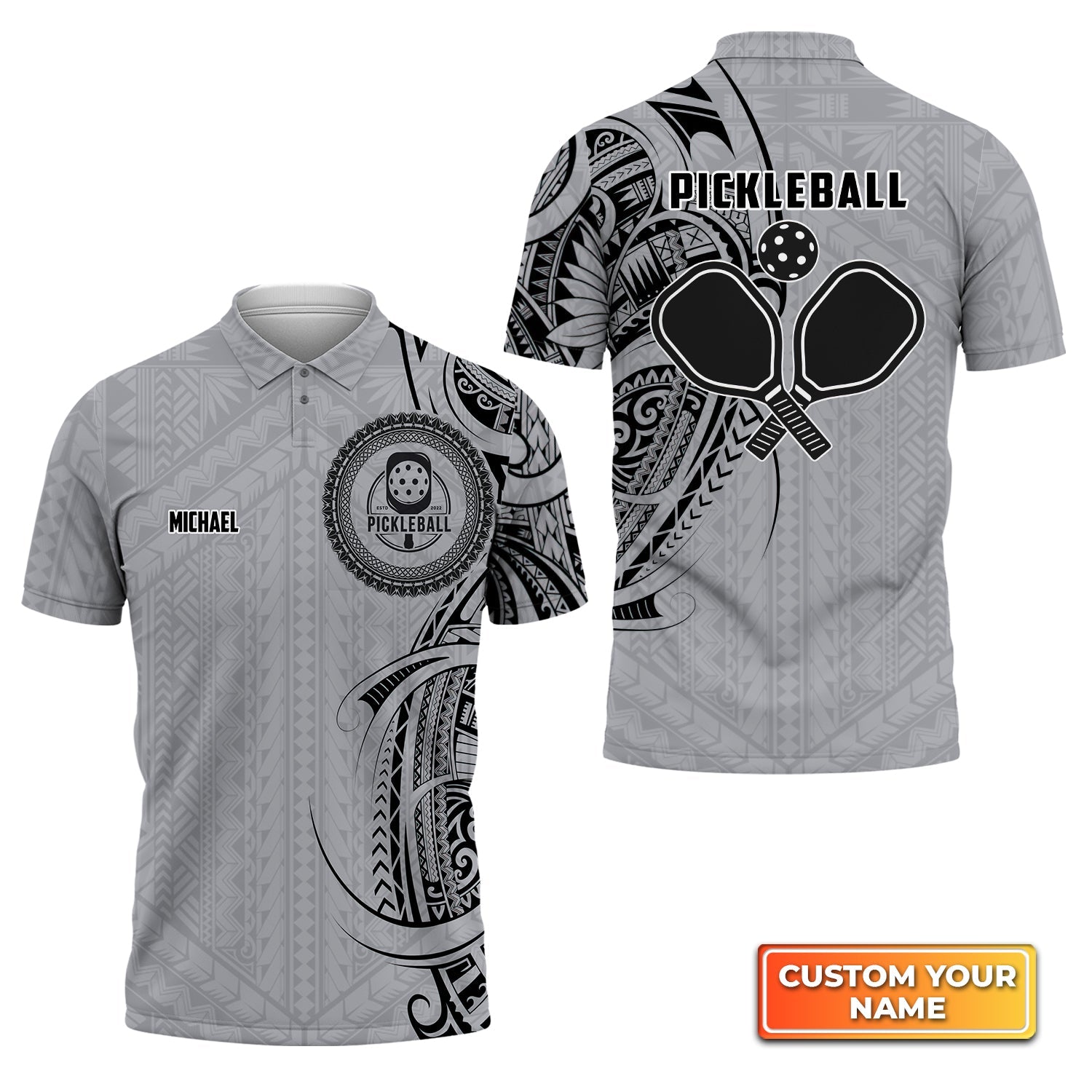Strike Grey Tribal Tattoo Personalized Name 3D Polo Shirt Gift For Pickleball Player