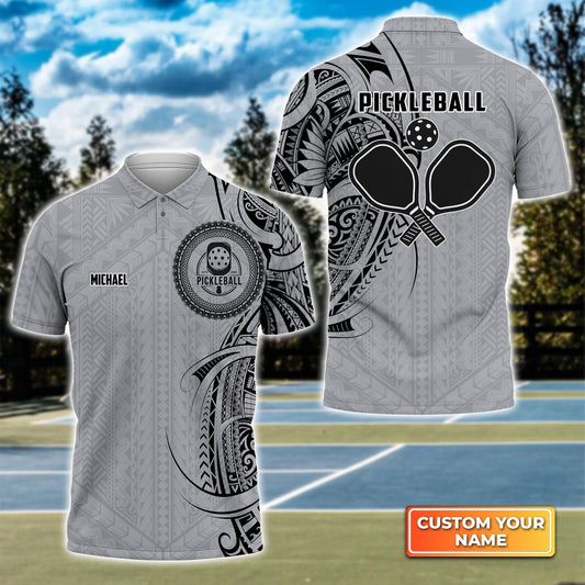 Strike Grey Tribal Tattoo Personalized Name 3D Polo Shirt Gift For Pickleball Player