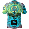 BlueJose Viking Style Polo Shirts - Raven Of Odin And Drakkar On Fire On Vignette Cyan Valknut