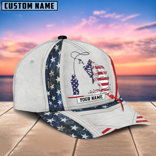 BlueJose Personalized Fish White USA Flag Cap