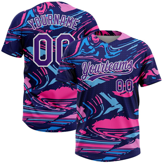 BlueJose Personalized Figure Purple Navy-Pink 3D Pattern Two-Button Unisex Softball Jersey