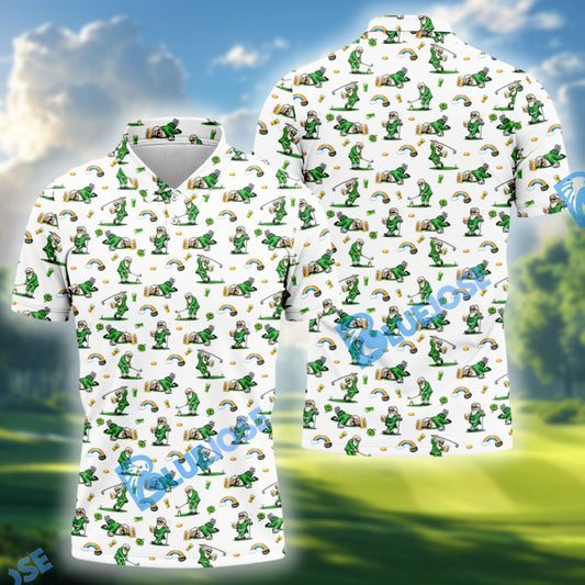 BlueJose St Patrick's Day Leprechaun Character Golf And Beer White Golf Shirt, Fun Golf Shirts For Men, Polo For Men