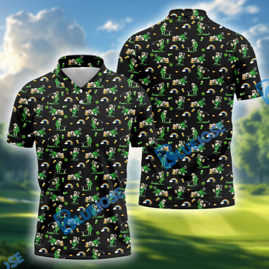 BlueJose St Patrick's Day Leprechaun Character Golf And Beer Black Golf Shirt, Fun Golf Shirts For Men, Polo For Men