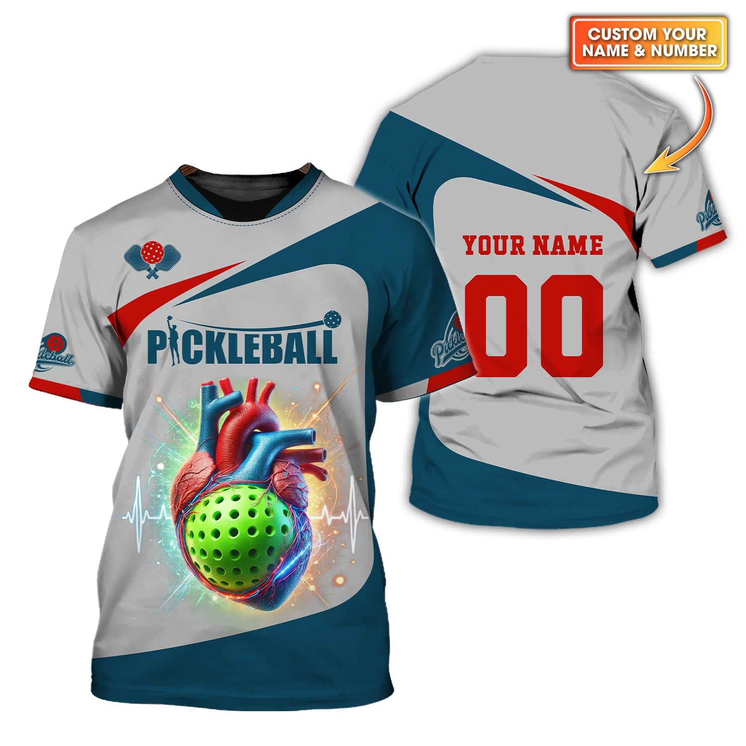 Custom Name & Number Design Pickleball 3D T-Shirts Heartbeat, Pickleball Polo Shirt, Gift For Pickleball Player
