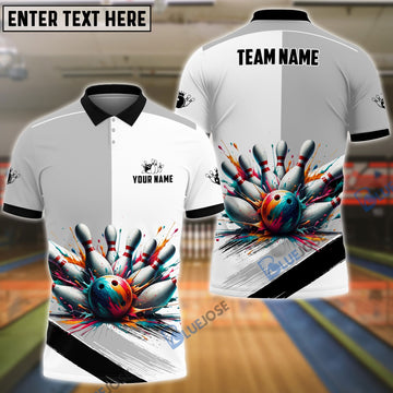 BlueJose Bowling And Pins Black White Customized Name 3D Shirt