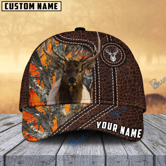 BlueJose Elk Hunting Premium Leather Pattern Personalized Name Cap (4 Colors)