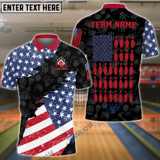 BlueJose Bowling And Pins US Flag Bowling Pattern Customized Name, Team Name 3D Shirt (Black & White)