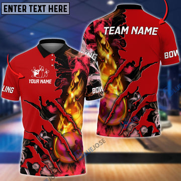 BlueJose Bowling And Pins Flame Smoke Personalized Name Team Name 3D Shirt, Personalized Shirts For Bowling Players