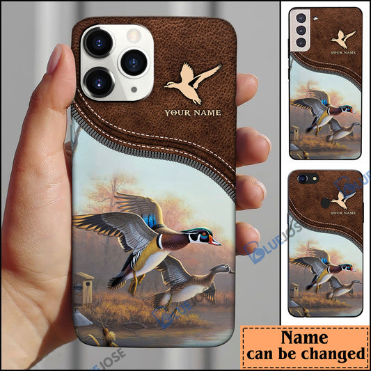 BlueJose Duck Hunting Leather Pattern Personalized Name Phone Case