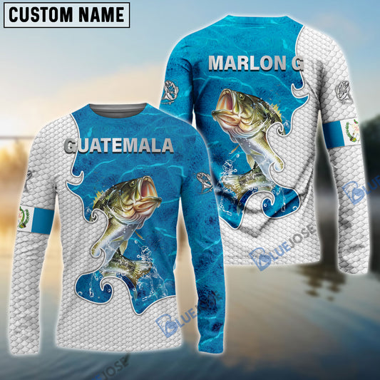 BlueJose Customize Name Bass Fishing Guatemala Flag Blue Water 3D Shirt
