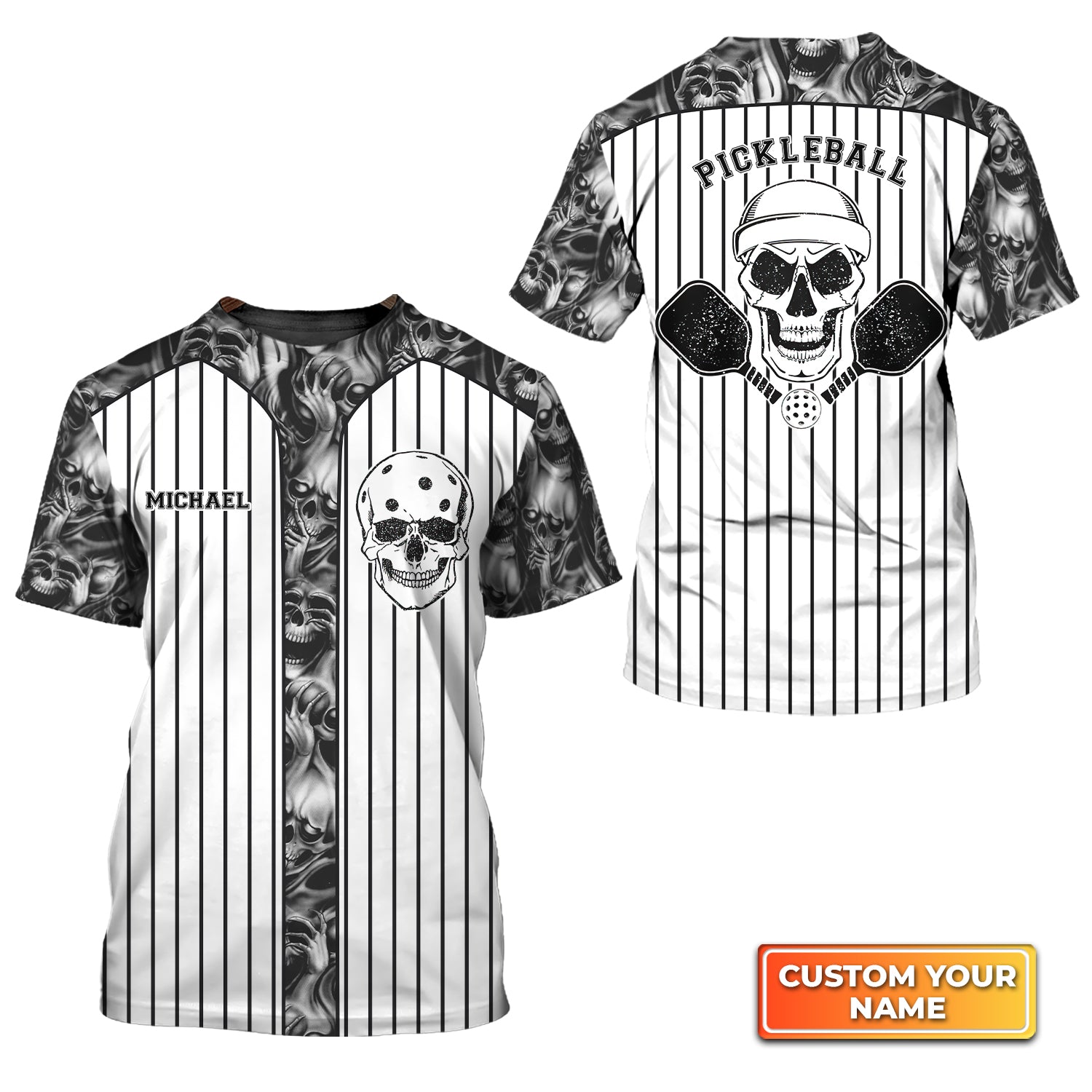 Skull Vertical Stripes Personalized Name 3D Tshirt Gift For Pickleball Player