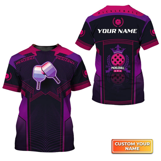 Pickleball Paddles Purple Pattern Personalized Name 3D Tshirt Gift For Pickleball Player