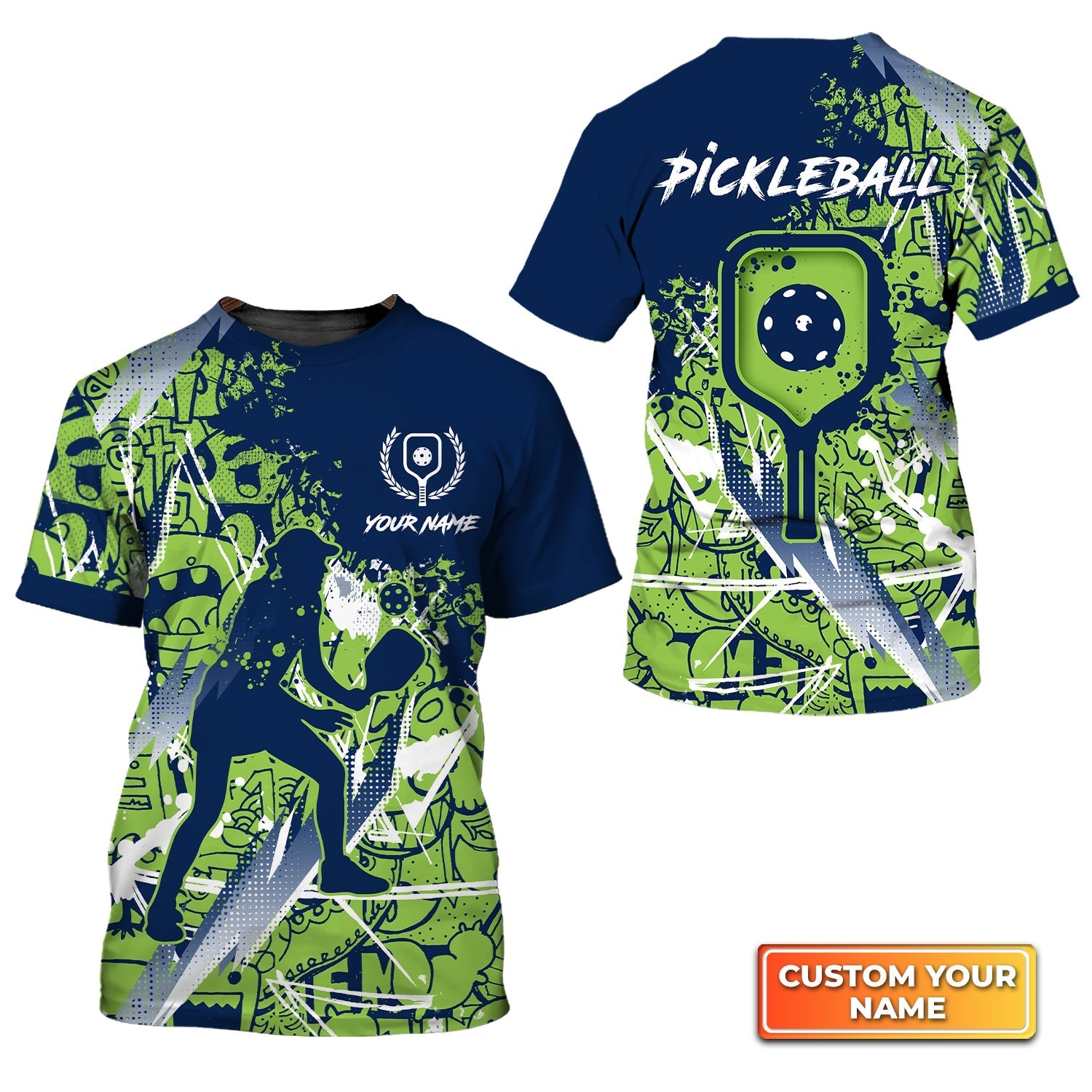 Pickleball, Scritch Woman Green Blue Pattern Personalized Name 3D Tshirt Gift For Pickleball Player