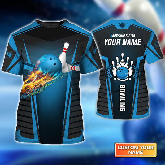 BlueJose The Blue Bowling Ball in Flames Breaks White Skittles Personalized Name 3D Shirt