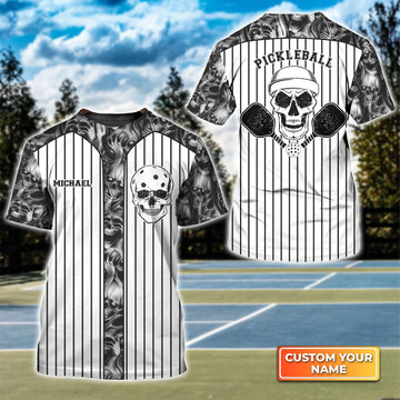 Skull Vertical Stripes Personalized Name 3D Tshirt Gift For Pickleball Player