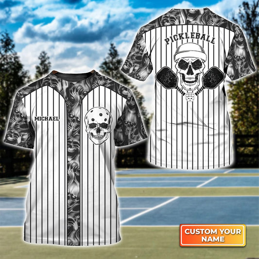 Skull Vertical Stripes Personalized Name 3D Tshirt Gift For Pickleball Player