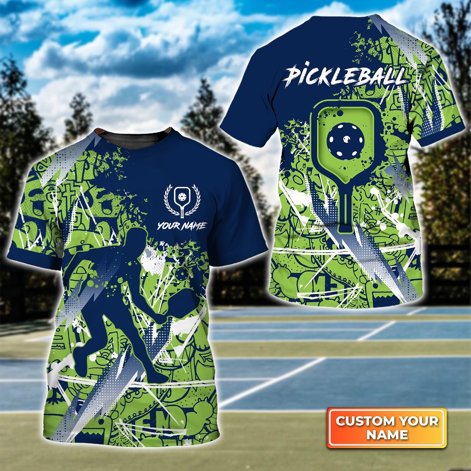 Pickleball, Scritch Man Green Blue Personalized Name 3D Tshirt Gift For Pickleball Player