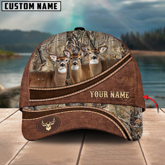 BlueJose Hunting Personalized Name Brown Carving Leather Pattern 3D Classic Cap