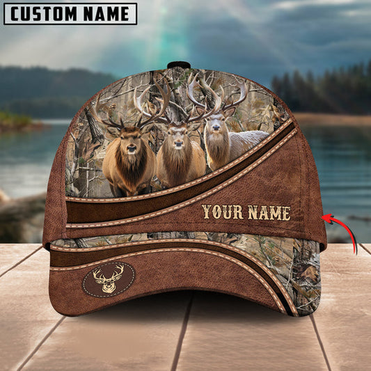 BlueJose Hunting Personalized Name Brown Carving Leather Pattern 3D Classic Cap