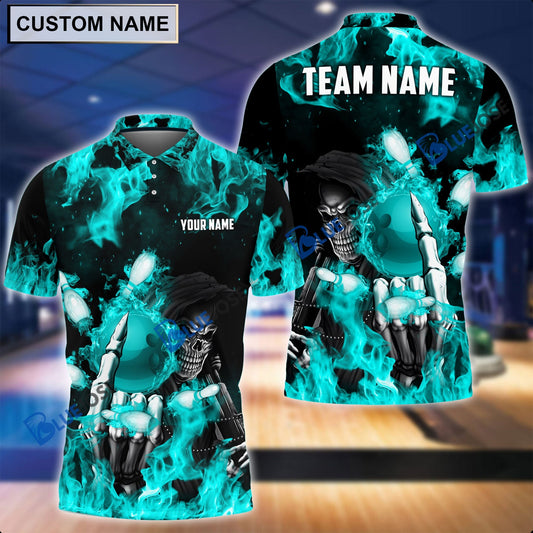 BlueJose Personalized Name and Team Name Fire Skull Bowling and Pins 3D Shirt
