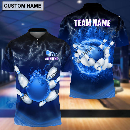 BlueJose Personalized Name and Team Name Thunder Color Bowling and Pins 3D Shirt