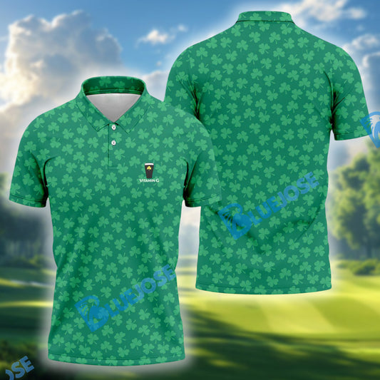 BlueJose Vitamin G Shamrock Pattern Golf And Beer Green Golf Shirt, St Patrick's Day Golf Shirt, Polo Shirts For Men