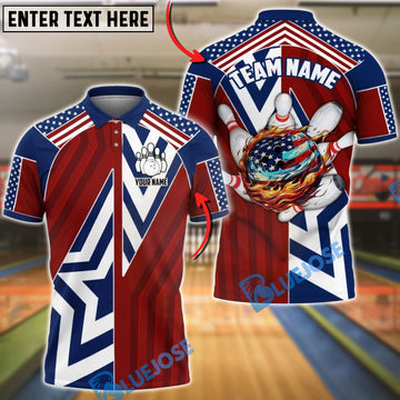 BlueJose Bowling USA Flag Striped And Star Fire Ball Design Personalized Name, Team Name 3D Shirt