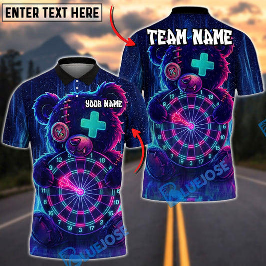 BlueJose Darts Teddy Bear Neon Glow Personalized Name, Team Name Unisex Shirt (4 Colors)