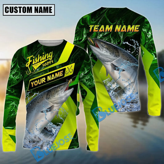 Bluejose Chinook Salmon Fishing Green Neon Splash Water Artwork Custom Name & Team Name 3D Shirts