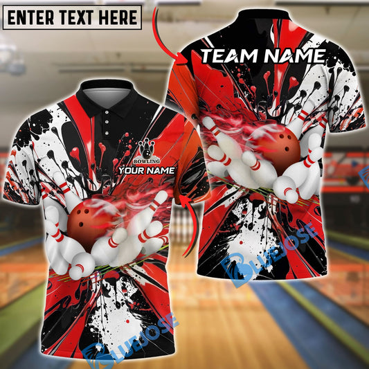 BlueJose Bowling And Pins Black Paint Splash Design Customized Name, Team Name 3D Shirt (4 Colors)