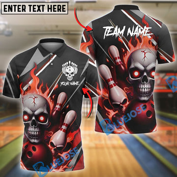 BlueJose Bowling And Pins Skull Flame Customized Name, Team Name 3D Shirt (4 Colors)