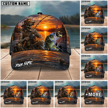 BlueJose Fishing Skull Angler Sunset Lake Personalized Name Classic 3D Cap (13 Breeds)