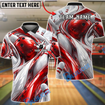 BlueJose Bowling And Pins Abstract Fluid White Customized Name, Team Name 3D Shirt (4 Colors)