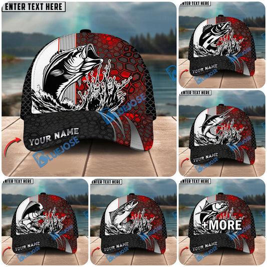 BlueJose Fishing Ocean Predator Splash Red Black Honeycomb Design Personalized Cap (13 Breeds)