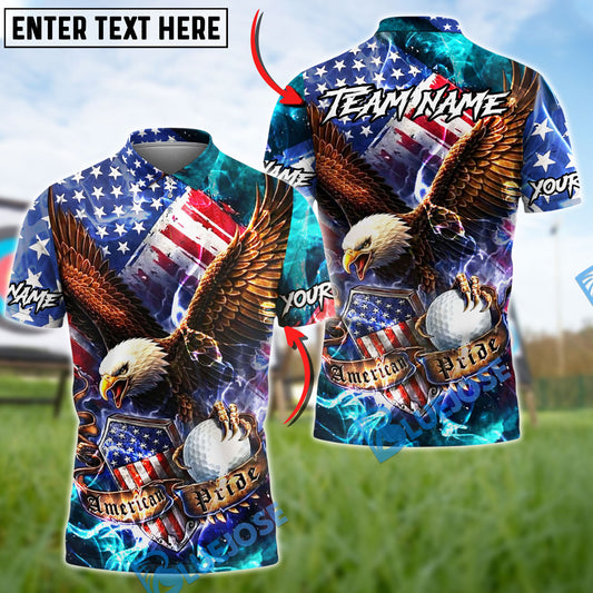 BlueJose American Eagle Flag Lightning Shield Golf Customized Name, Team Name Shirts