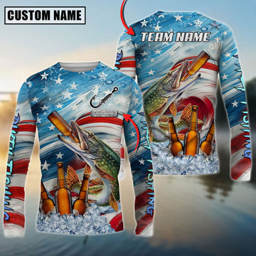 Bluejose Pike Fishing Beer & Usa Flag Graphic Custom Name & Team Name 3D Shirts