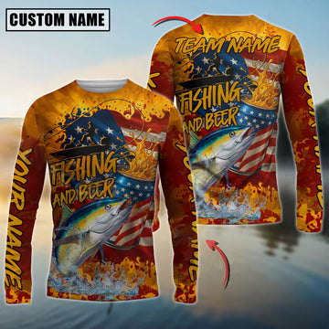 Bluejose Tuna Fishing Beer Bottles & American Flag Design Custom Name & Team Name 3D Shirts