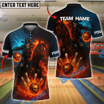 BlueJose Bowling And Pins Fiery Cowboy Skeleton Ghost Rider Style Customized Name 3D Shirt (4 Colors)