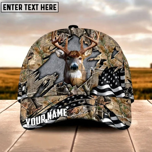 BlueJose Deer Breakthrough Camo Hunting US Flag Multicolor Options Personalized Name 3D Cap