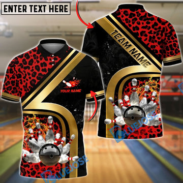 BlueJose Bowling & Pins Gold Diagonal Stripe Leopard Pattern Customized Name, Team Name 3D Shirt (4 Colors)