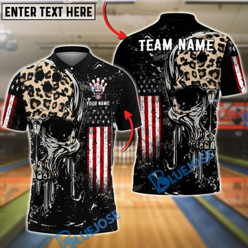 BlueJose Bowling Patriotic Skull Leopard American Flag Personalized Name, Team Name 3D Shirt