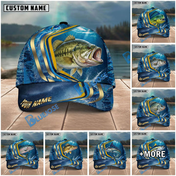 BlueJose Fishing Blue Gold Wave Design Personalized Name Classic 3D Cap Personalized Cap (13 Breeds)