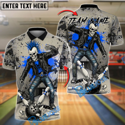 BlueJose Bowling And Pins Punk Rock Skull Leather Style Customized Name, Team Name 3D Shirt (4 Colors)