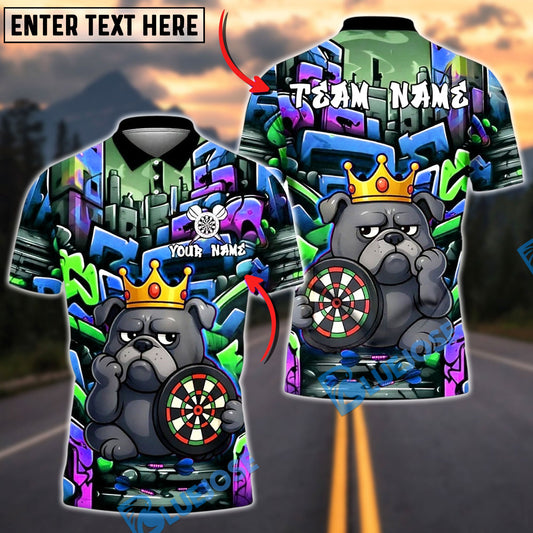 BlueJose Darts Bulldog King Graffiti Crown Customized Name, Team Name 3D Shirt (4 Colors)