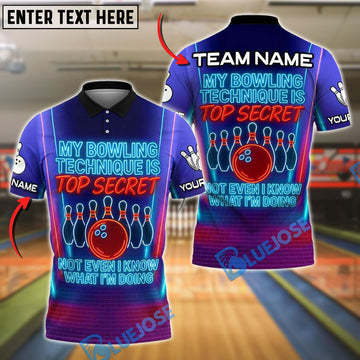 BlueJose Neon Bowling Quote Shirt ‚Äì "Top Secret" Customized Name, Team Name 3D Shirt (4 Colors)
