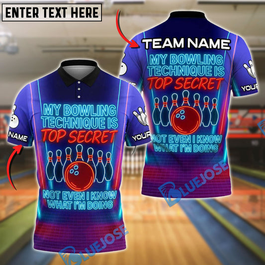 BlueJose Neon Bowling Quote Shirt ‚Äì "Top Secret" Customized Name, Team Name 3D Shirt (4 Colors)