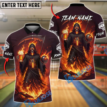 BlueJose Bowling Grim Reaper Beer Flame Customized Name, Team Name 3D Shirt (4 Colors)