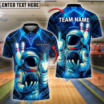 BlueJose Bowling And Pins Astronaut Neon Middle Finger Customized Name, Team Name 3D Shirt (4 Colors)